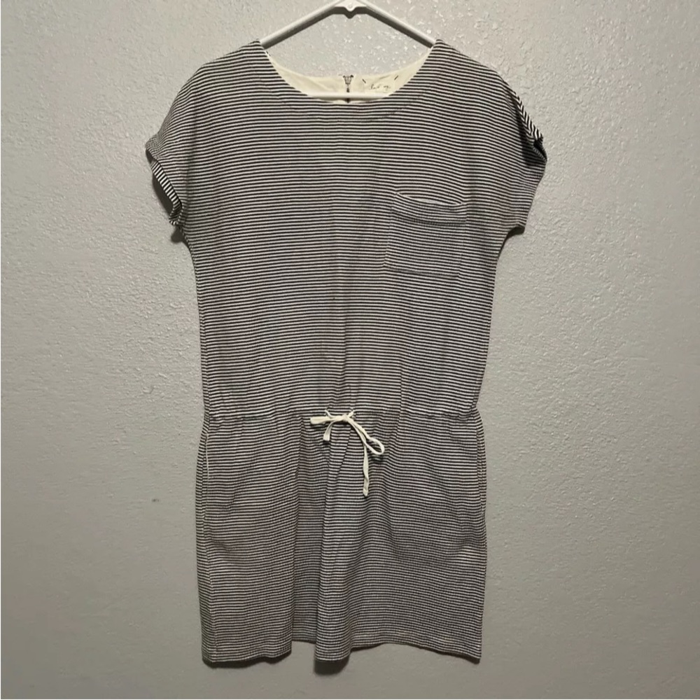 Lou & Gray Drawstring Cotton Blend Mini Dress with Pockets, Gray & White, Size S